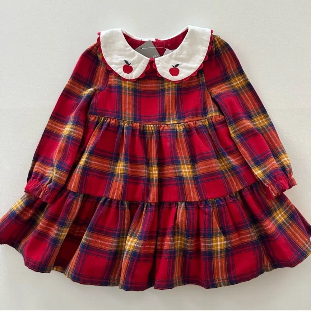 Vintage Tahari Red Plaid Baby Dress with White Collar Wood Apple Buttons 6-9 Mo